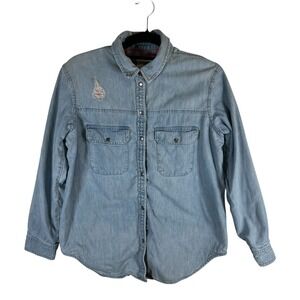American Eagle Flannel Lined Denim Shirt Womens Small Oversized Distressed Blue